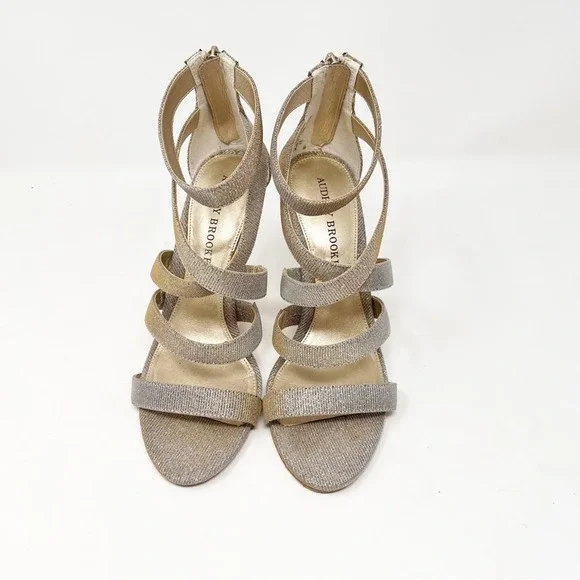 Audrey Brooke Gold Metallic Sparkly AB Shanice Wide Strappy Heels Sz 8.5 - Picture 2 of 11